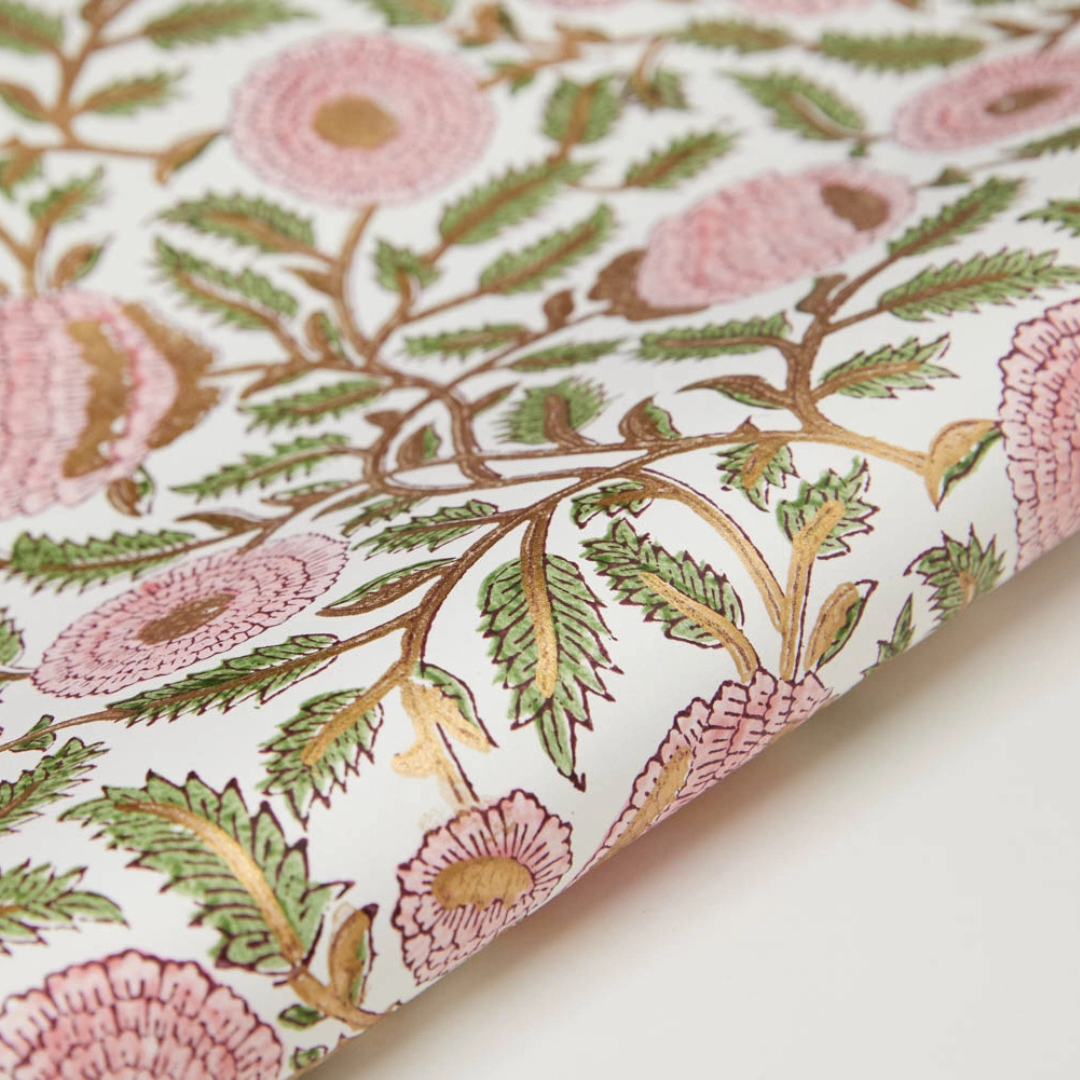 Paper Mirchi Block Printed Wrapping Paper Sheets - Marigold Glitz Blush